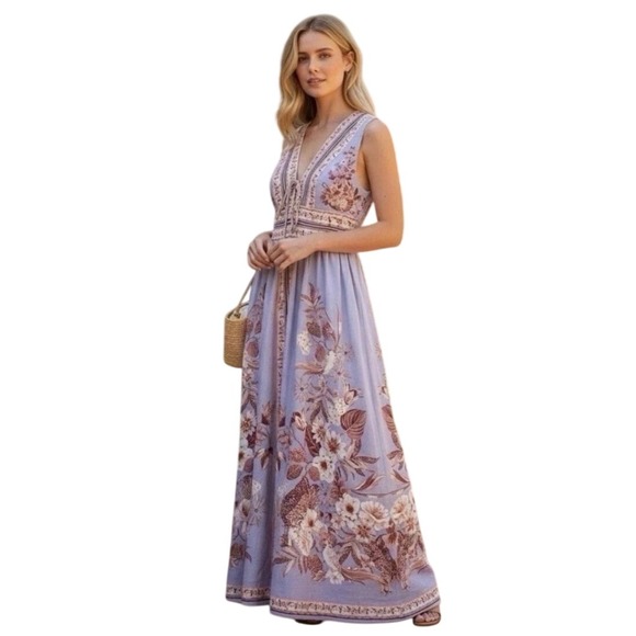 Caroline Constas Dresses & Skirts - Caroline Constas Grecian Floral Linen Blend Maxi Dress Blue Boho Pokets S‎ NWT